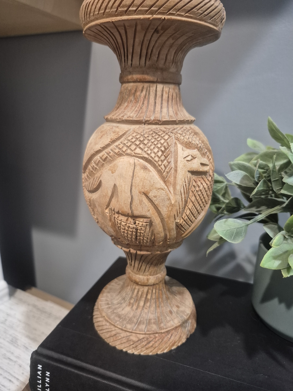 Vintage Hand Carved Olive Wood Vase With Camel And Palm Tree Boho Rustic Decor